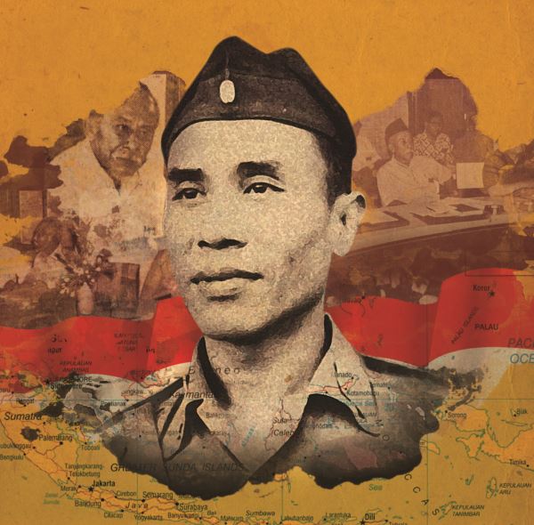 Kasman Singodimedjo dengan latar peta dan perjuangan.