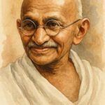 Ilustrasi watercolor Mahatma Gandhi dengan ekspresi tenang dan senyum lembut.