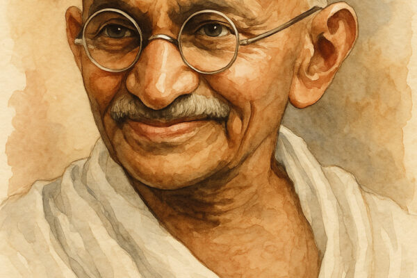 Ilustrasi watercolor Mahatma Gandhi dengan ekspresi tenang dan senyum lembut.