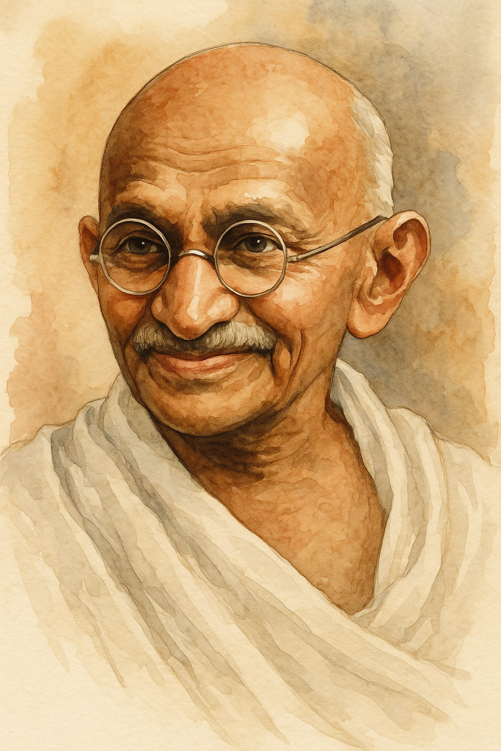 Ilustrasi watercolor Mahatma Gandhi dengan ekspresi tenang dan senyum lembut.
