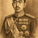 Ilustrasi Kaisar Hirohito bergaya historis mengenakan seragam militer lengkap dengan medali.