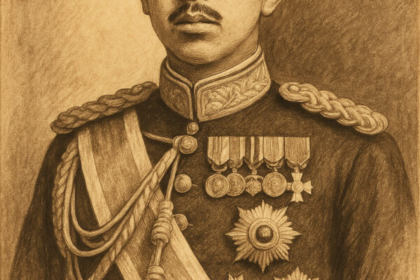 Ilustrasi Kaisar Hirohito bergaya historis mengenakan seragam militer lengkap dengan medali.