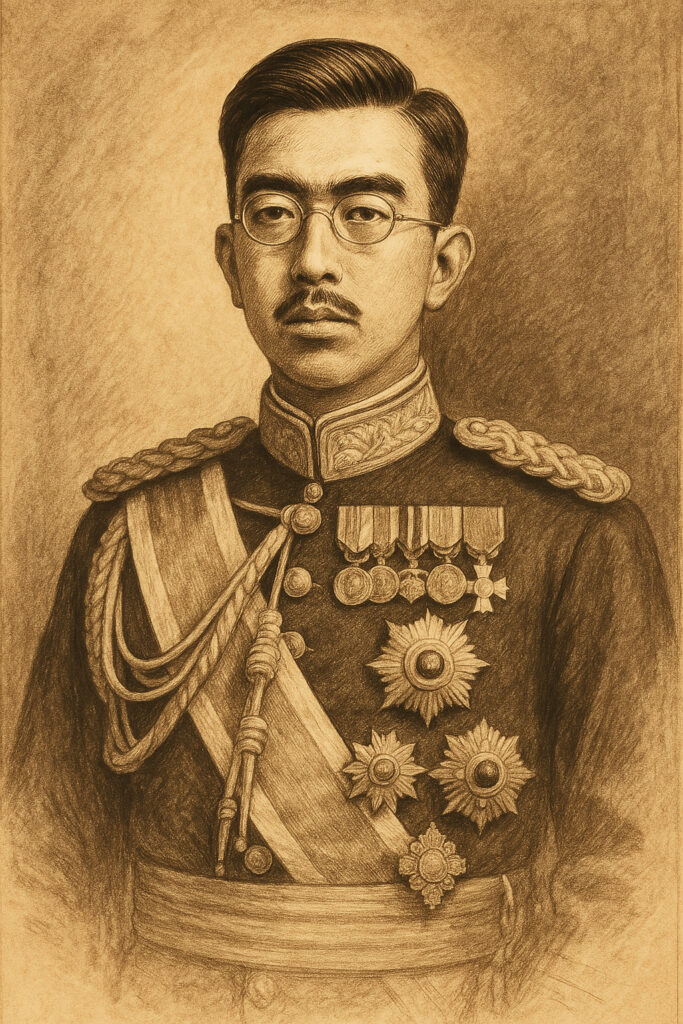 Ilustrasi Kaisar Hirohito bergaya historis mengenakan seragam militer lengkap dengan medali.