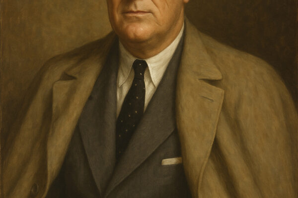 Potret Franklin D. Roosevelt bergaya klasik dengan jas formal dan mantel.