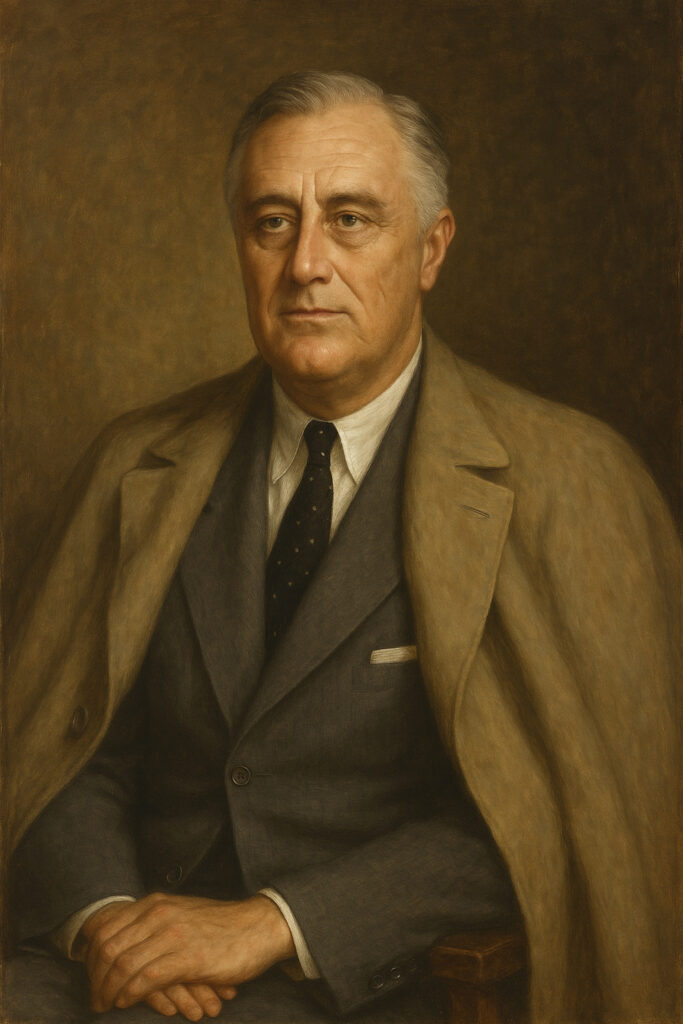 Potret Franklin D. Roosevelt bergaya klasik dengan jas formal dan mantel.