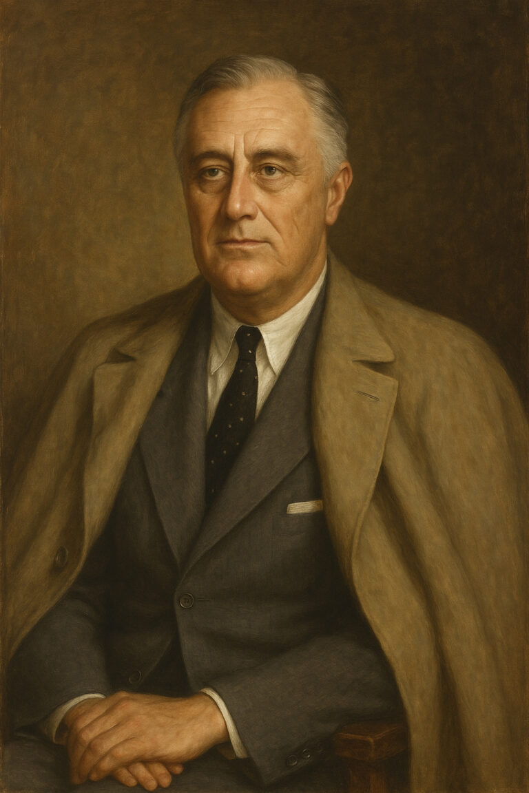 Potret Franklin D. Roosevelt bergaya klasik dengan jas formal dan mantel.