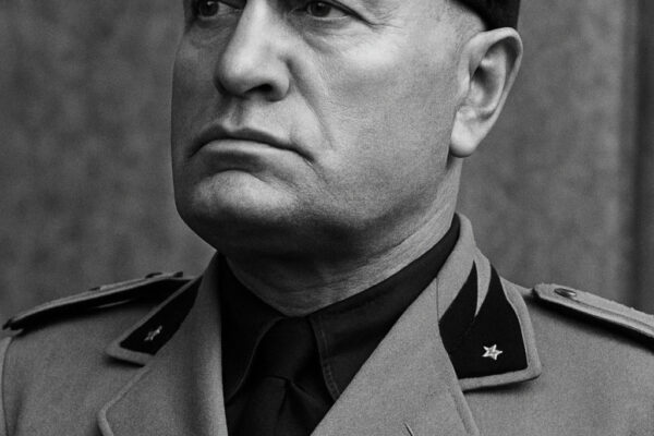 Ilustrasi hitam putih Benito Mussolini dalam seragam militer Italia.