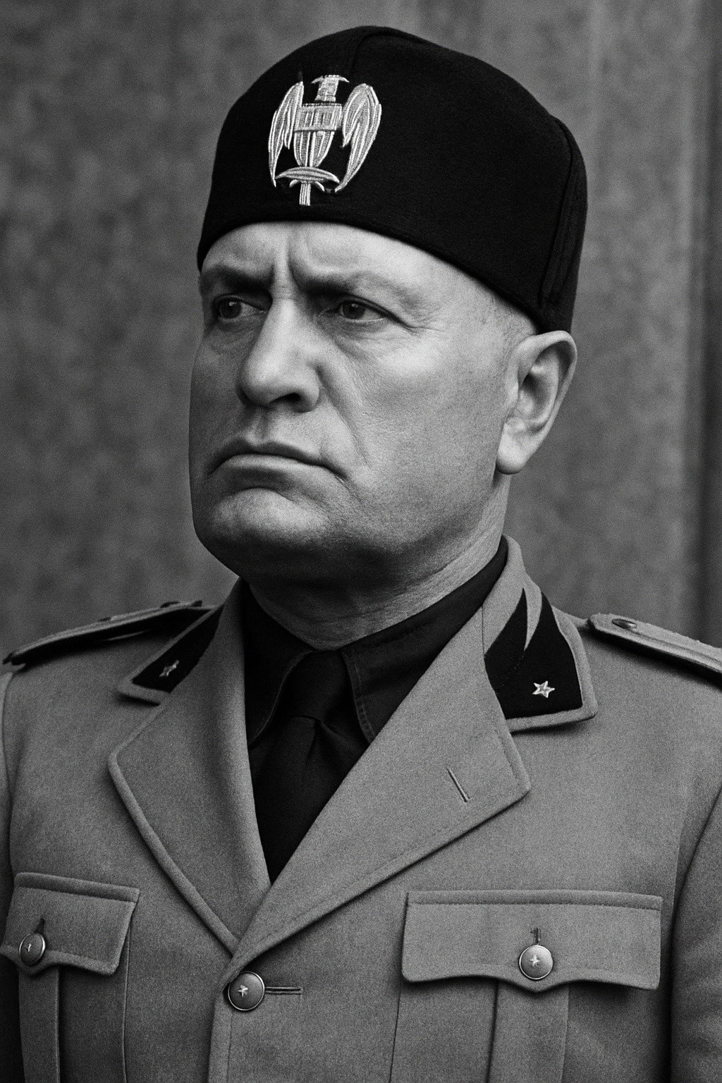 Ilustrasi hitam putih Benito Mussolini dalam seragam militer Italia.