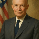 Potret ilustrasi Dwight D. Eisenhower mengenakan jas gelap dengan latar bendera AS