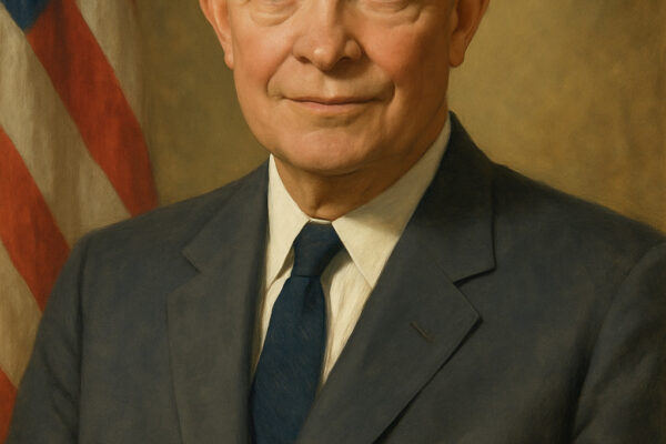 Dwight D. Eisenhower: Jenderal Sekutu dan Presiden Amerika yang Visioner Potret ilustrasi Dwight D. Eisenhower mengenakan jas gelap dengan latar bendera AS