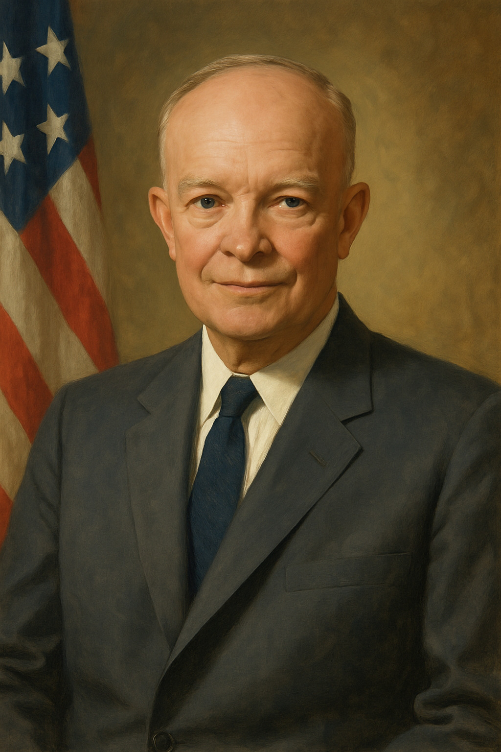 Potret ilustrasi Dwight D. Eisenhower mengenakan jas gelap dengan latar bendera AS