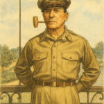Ilustrasi Douglas MacArthur dengan seragam militer dan pipa di balkon.