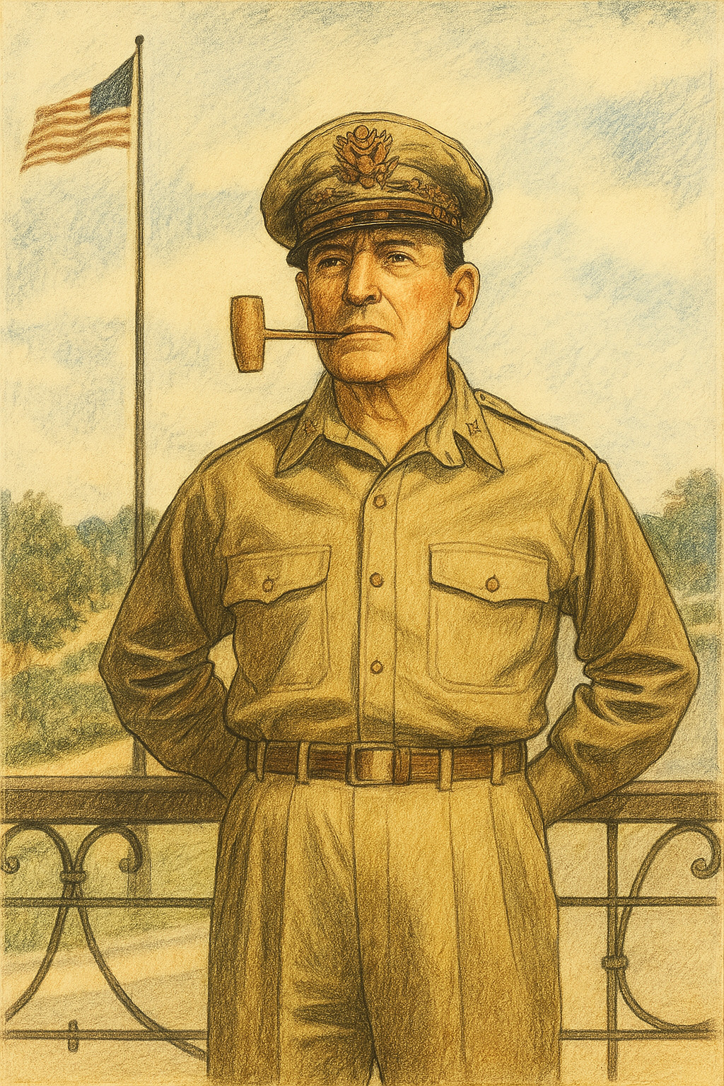 Ilustrasi Douglas MacArthur dengan seragam militer dan pipa di balkon.