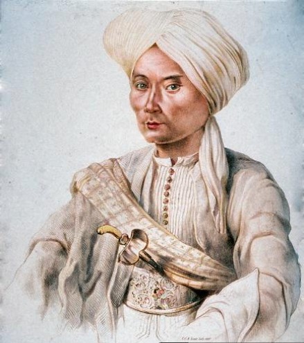 Potret Pangeran Diponegoro mengenakan sorban putih dan pakaian tradisional Jawa