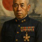 Potret Isoroku Yamamoto dengan seragam militer Jepang dan latar belakang kapal perang serta bendera Jepang.