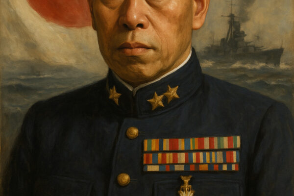 Isoroku Yamamoto: Otak Strategi Jepang di Perang Dunia II Potret Isoroku Yamamoto dengan seragam militer Jepang dan latar belakang kapal perang serta bendera Jepang.