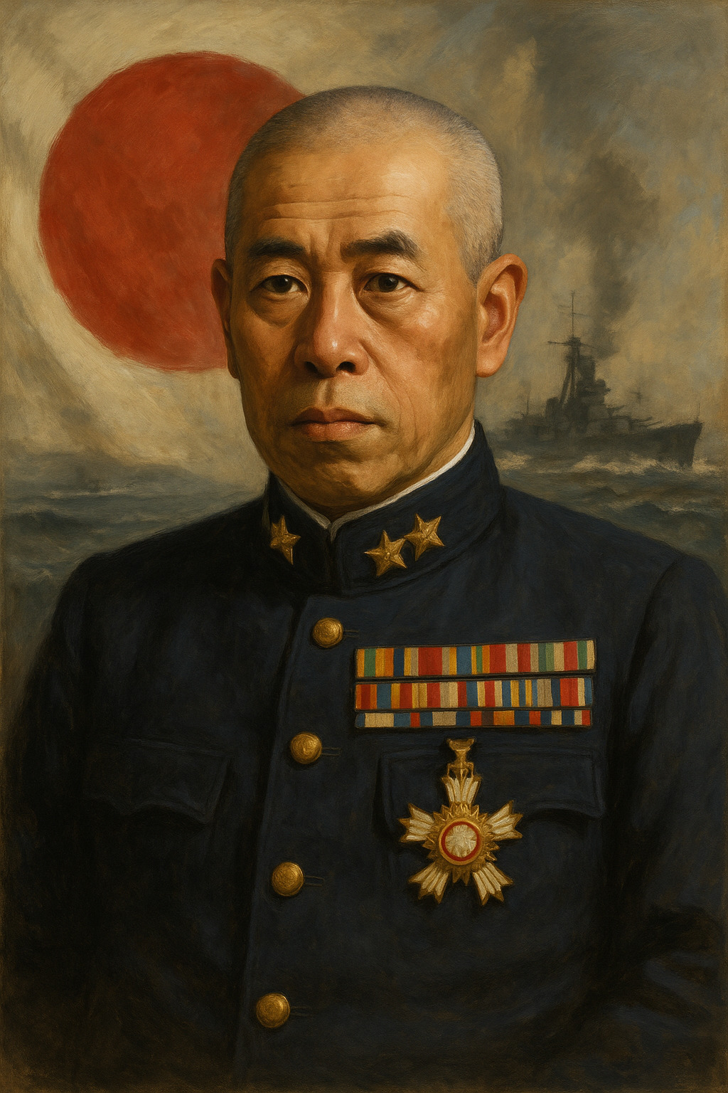 Potret Isoroku Yamamoto dengan seragam militer Jepang dan latar belakang kapal perang serta bendera Jepang.