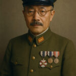 Potret berwarna Hideki Tojo dengan seragam militer Jepang dan medali kehormatan.