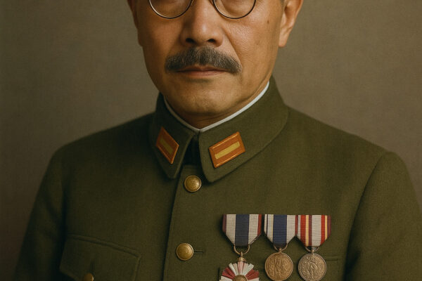 Potret berwarna Hideki Tojo dengan seragam militer Jepang dan medali kehormatan.