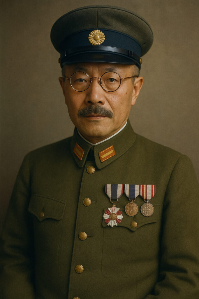 Potret berwarna Hideki Tojo dengan seragam militer Jepang dan medali kehormatan.