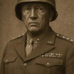 Potret George S. Patton dengan helm tiga bintang dan seragam militer AS