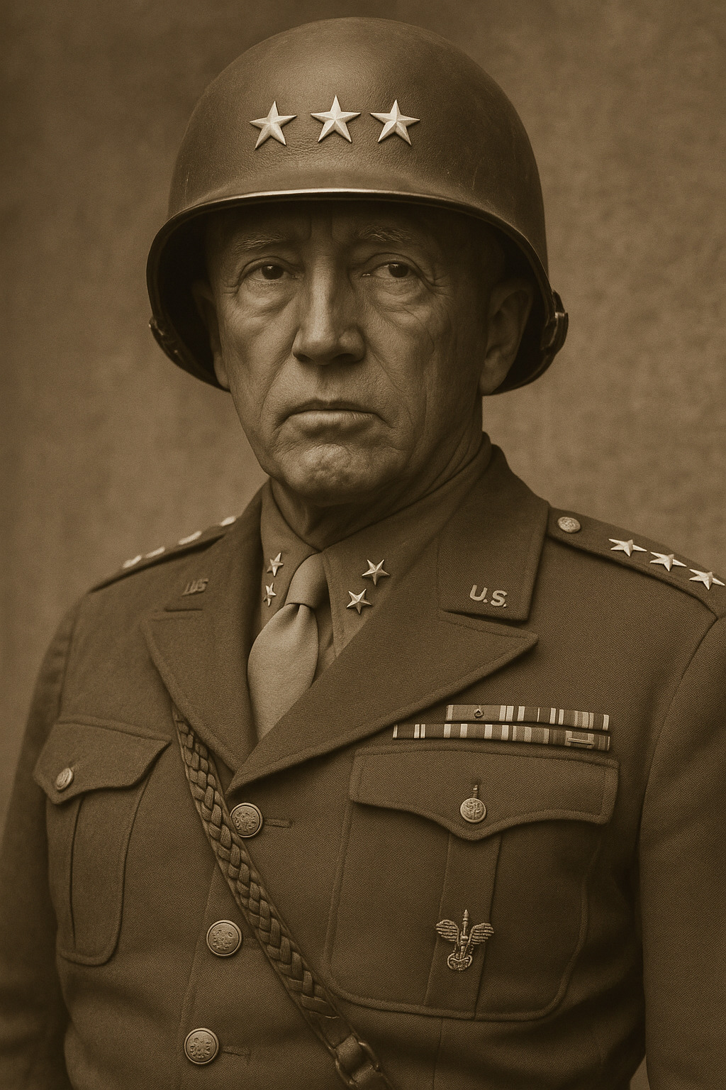 Potret George S. Patton dengan helm tiga bintang dan seragam militer AS