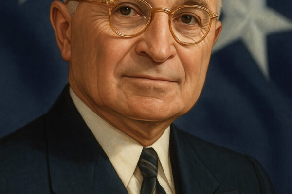 Potret realistis Harry S. Truman dengan latar bendera Amerika Serikat.