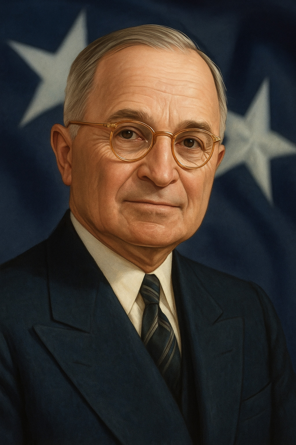 Potret realistis Harry S. Truman dengan latar bendera Amerika Serikat.