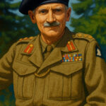 Ilustrasi Bernard Montgomery memakai seragam militer dan baret hitam.
