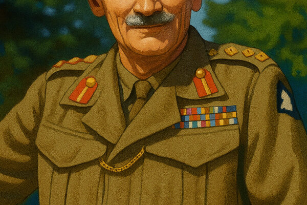 Ilustrasi Bernard Montgomery memakai seragam militer dan baret hitam.