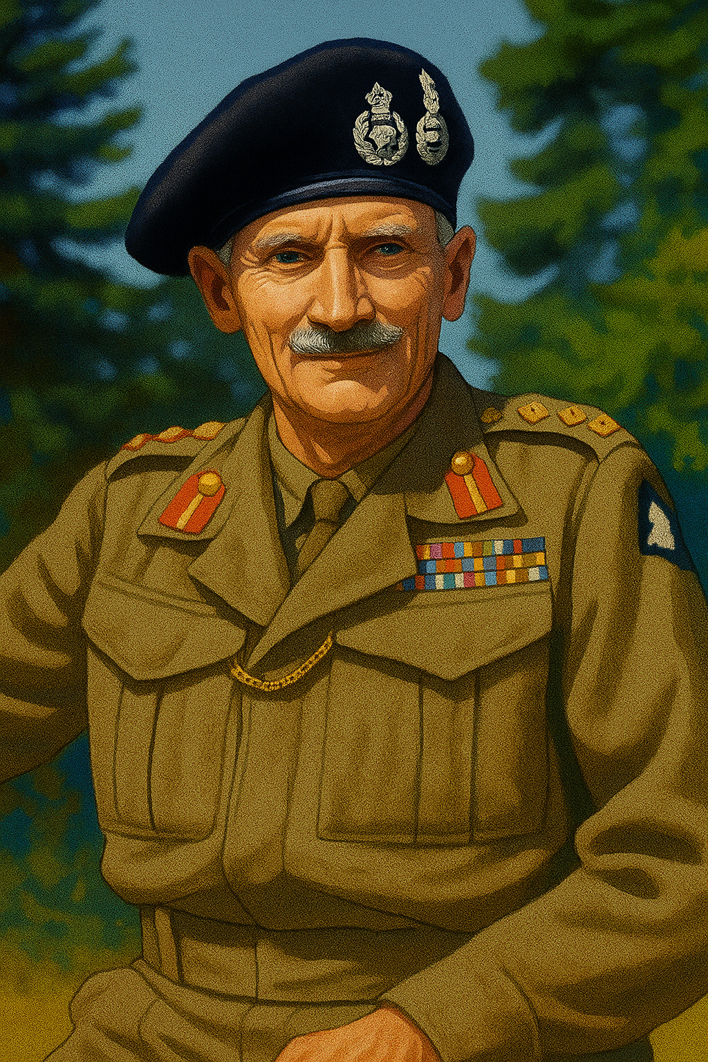 Ilustrasi Bernard Montgomery memakai seragam militer dan baret hitam.