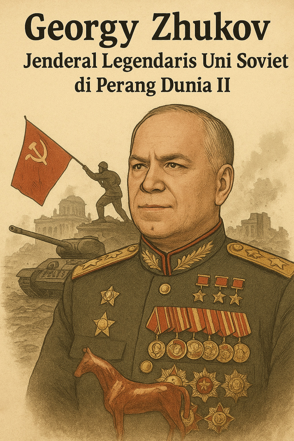 Potret ilustrasi Georgy Zhukov dengan seragam penuh medali.